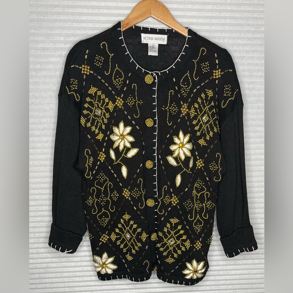 Vintage Victoria Harbour Cardigan Knit Beaded Sweater Black Gold Y2K L - Picture 3 of 13